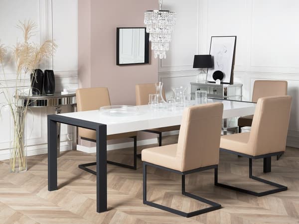 Spisebord Hvid Blank MDF med Sort Stålben 220 x 90 cm 8 Personer Lang Moderne Genbrugstræ Spisestuemøbel Højglans Køkken Indretning Dekor