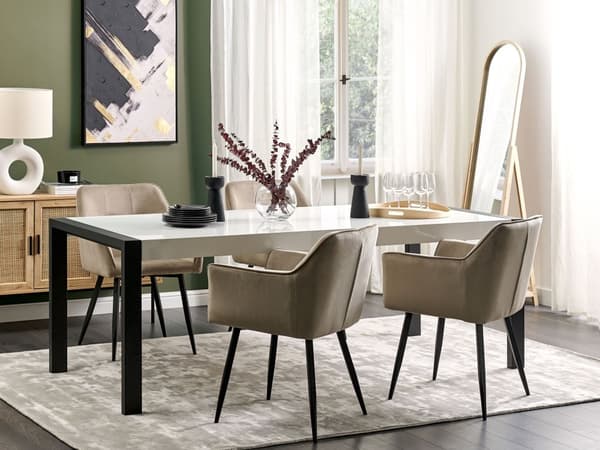 Spisebord Hvid Blank MDF med Sort Stålben 220 x 90 cm 8 Personer Lang Moderne Genbrugstræ Spisestuemøbel Højglans Køkken Indretning Dekor
