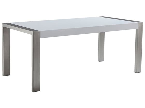 Spisebord Hvid Blank MDF med Sølv Børstet Stålben 180 x 90 cm 6 Personer Lang Moderne Genbrugstræ Spisestuemøbel Højglans Køkken Indretning