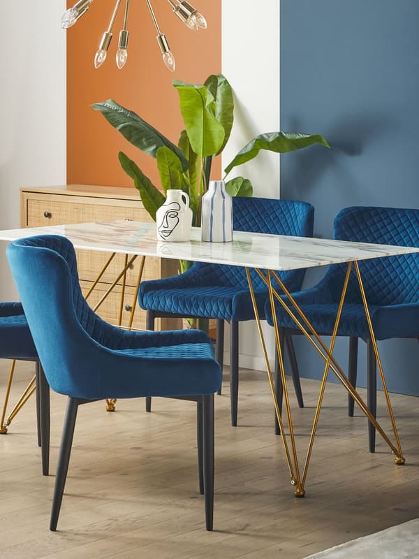 Spisebord Hvid Marmor Effekt med guld Bordplade Hærdet Glas Metalben 140 x 80 cm Glamourøs Stil