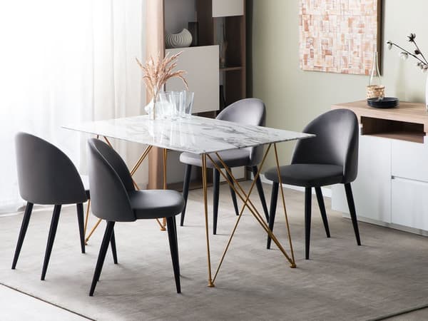 Spisebord Hvid Marmor Effekt med guld Bordplade Hærdet Glas Metalben 140 x 80 cm Glamourøs Stil