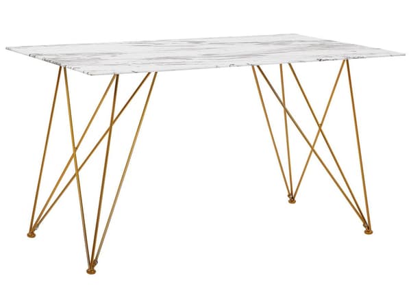 Matbord Marmor Effekt Vit med Guld Härdad Glasskiva Metallben 140 x 80 cm Glam Vardagsrum