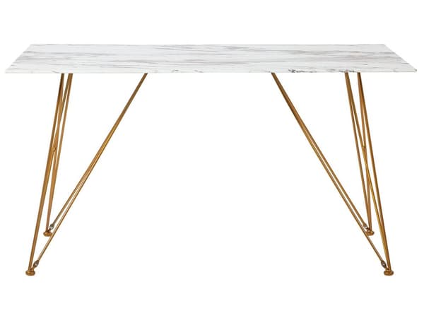 Ruokapöytä valkoinen karkaistu lasi kulta metalli 140 x 80 x 76 cm neljälle marmorikuvio glamour tyyli
