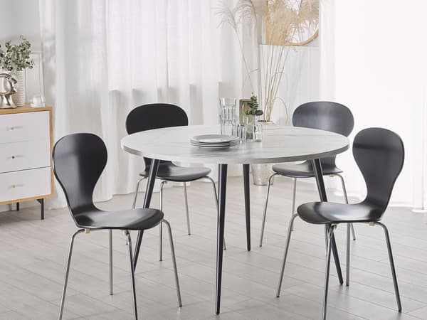 Matbord Vit Marmor Effekt Topp Svarta Metallben Rund 120 cm Modern Glamour Stil