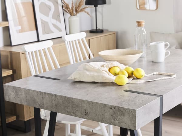 Ruokapöytä vaaleanharmaa MDF-levy metalli 150 x 90 x 75 cm neljälle betonikuvio suorakulmainen industriaalinen tyyli