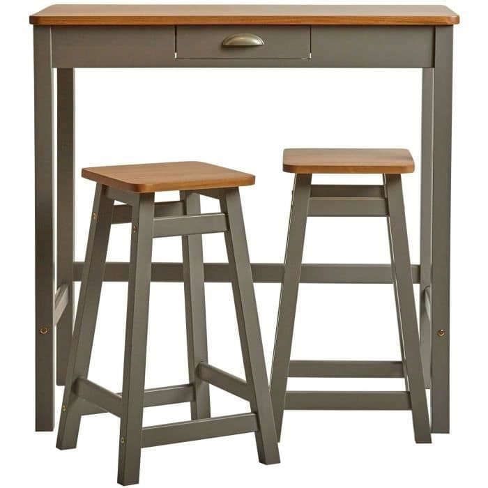 Set Table Bar + 2 Pallar Ek och grå dekor - L 90 x D 45 x H 90 cm - KENIA