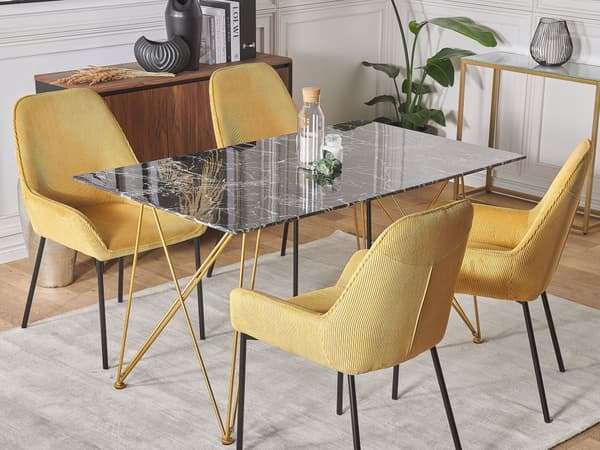 Matbord Marmor Effekt Svart med Guld Härdad Glasskiva Metallben 140 x 80 cm Glam Vardagsrum