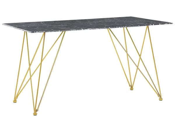 Matbord Marmor Effekt Svart med Guld Härdad Glasskiva Metallben 140 x 80 cm Glam Vardagsrum