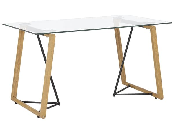 Ruokapöytä vaalea puu 140 x 80 cm karkaistu lasi pöytälevy skandinaavinen tyyli
