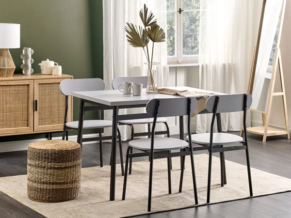 Matgrupp Grå Topp Svarta Stålben Rektangulärt Bord 110 x 70 cm 4 Stolar Modern