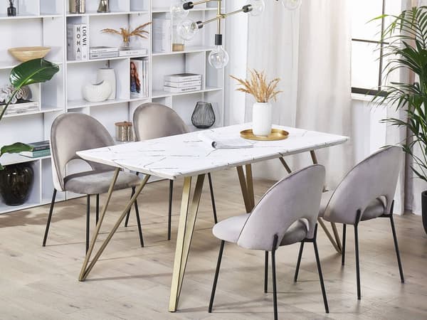 Ruokapöytä marmori efekti valkoinen/kulta MDF 150 x 80 cm metallijalat glamour tyyli
