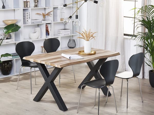 Ruokapöytä jatkettava vaalea puu/musta 140/180 x 90 cm perhosmekanismi 4-6 hengelle minimalistinen tyyli