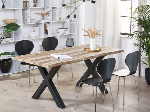 Ruokapöytä jatkettava vaalea puu/musta 140/180 x 90 cm perhosmekanismi 4-6 hengelle minimalistinen tyyli