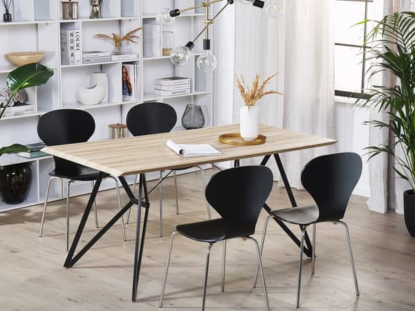 Spisebord Lyst Træ med Sort Metalben 160 x 90 cm 6 Personers Moderne Rektangulær Bordplade med Sildeben Skandinavisk Køkken Indretning
