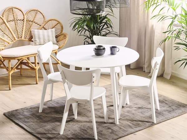 Matgrupp Vit MDF Runt Bord och 4 Stolar för Kök Träben Skandinavisk Stil