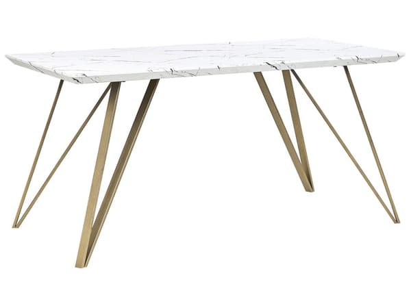 Matbord Vit med Guld MDF Skiva Metallben 150 x 80 cm Marmor Effekt Glamour Industriell