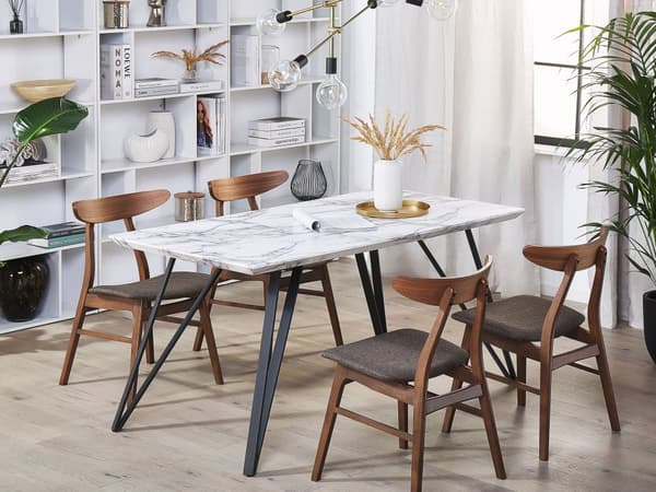 Matbord Vit med Svart MDF Topp Metall Ben 150 x 80 cm Marmor Effekt Glamour Industriell
