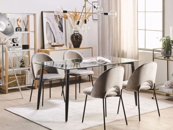 Transparent glas middagsbordplade sorte metalben 150 x 90 cm rektangulært moderne design