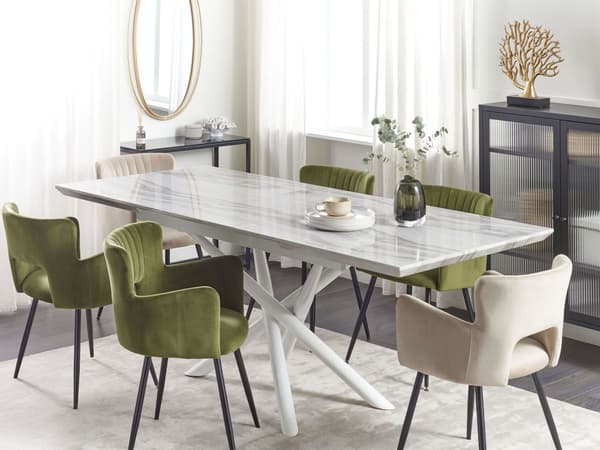 Spisebord Hvidt Træ MDF og Jern Ben 160/200 x 90 cm Dekorativ Rektangulær Lang Udtræksbord med Marmor Look Glamour til Spisestue Inspiration