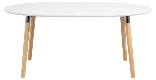 Belle matbord 100 x 170/270 cm med 2 tilläggsskivor vit. Träben med kromdetaljer.