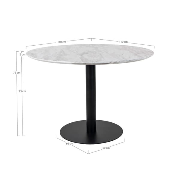Bologna spisebord Ø110 cm marmor look, svarte ben, hvit.