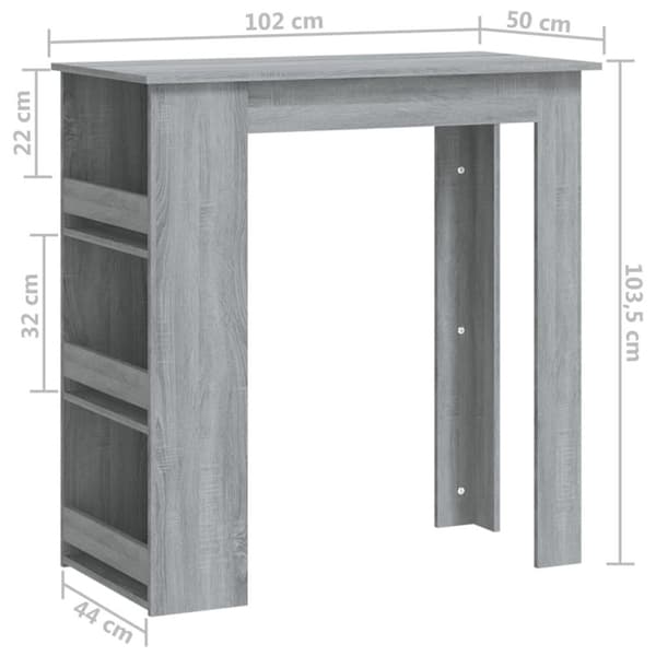 vidaXL Baaripöytä säilytystelineellä harmaa Sonoma 102x50x103,5cm levy