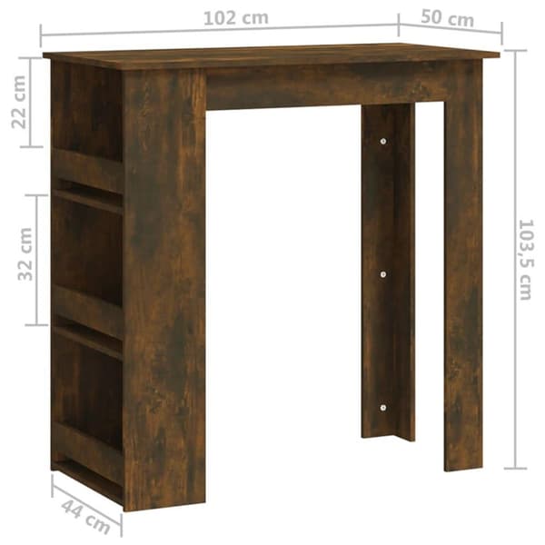 vidaXL barbord m. opbevaringsstativ 102x50x103,5 cm spånplade røget eg