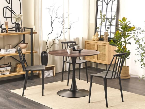 Matbord Mörkt Trä med Svart MDF Skiva Metallbas 90 cm Industriell Rund Köksbord