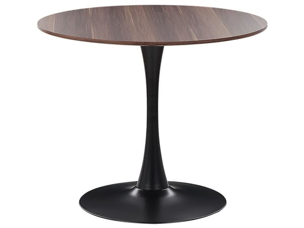 Matbord Mörkt Trä med Svart MDF Skiva Metallbas 90 cm Industriell Rund Köksbord