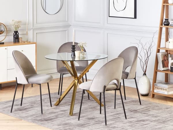 Matbord Guld med Bordsskiva i Härdat Glas Rund ⌀ 90 cm 4 personer Modern design Kök Matsal