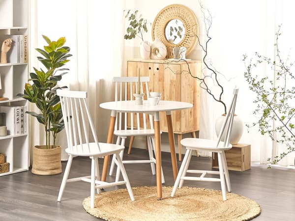 Spisebord Hvid MDF og Lyst Bøgetræ ⌀ 80 cm Rundt 4 Personers Kaffebord Stue Køkken Indretning Koniske Ben Dupper Overfladebeskyttelse
