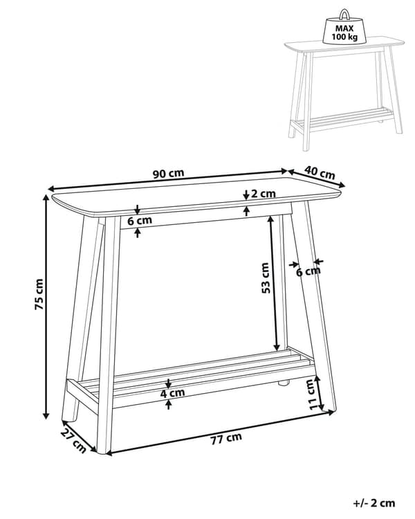 Konsolipöytä vaalea puu 90 x 75 x 40 cm MDF-levy kumipuu hylly suorakulmainen