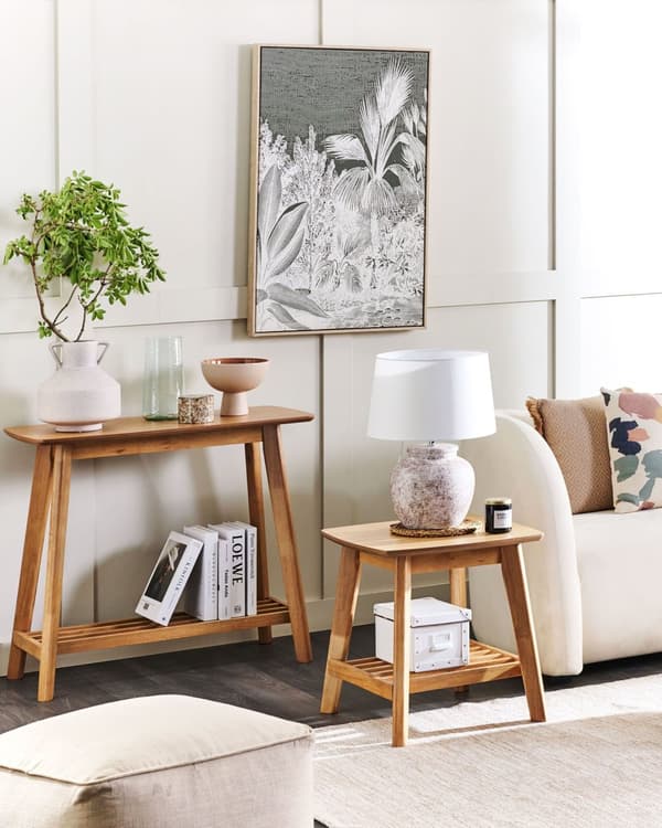 Konsolipöytä vaalea puu 90 x 75 x 40 cm MDF-levy kumipuu hylly suorakulmainen