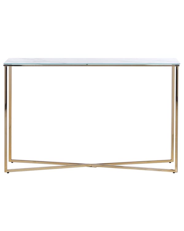 Konsolipöytä kultainen 120 x 76 x 35 cm teräsrunko valkoinen marmorikuvio karkaistu lasitaso