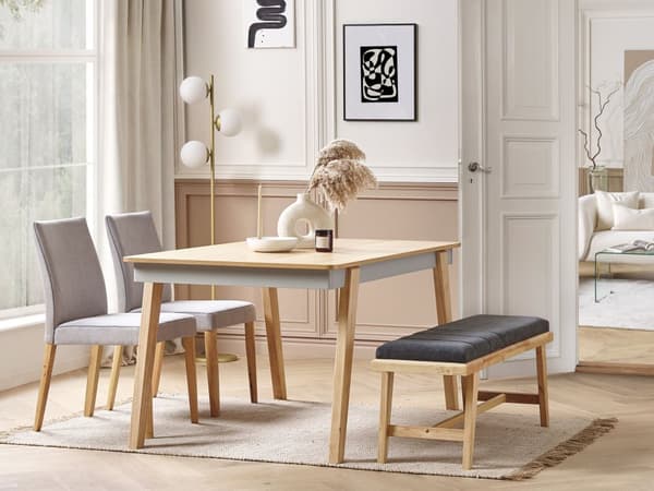 Ruokapöytä vaalea kumipuu harmaa 150 x 90 cm neliskulmainen 4 hengelle skandinaavinen tyyli