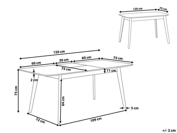 Spisebord mørkt tre uttrekkbart 120/150 x 75 cm