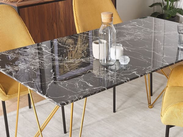 Spisebord Marmoreffekt Svart med Topplate Herdet Gullglass Metallben 140 x 80 cm Glam Stue