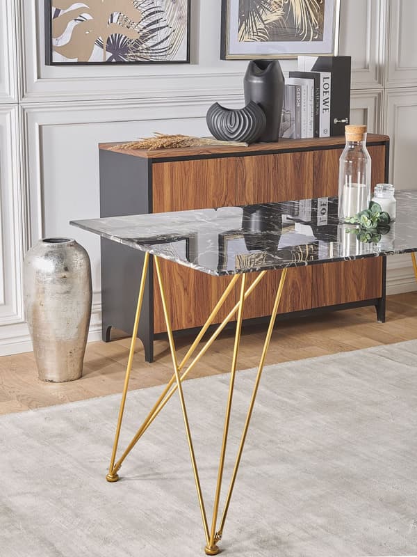 Spisebord Marmoreffekt Svart med Topplate Herdet Gullglass Metallben 140 x 80 cm Glam Stue