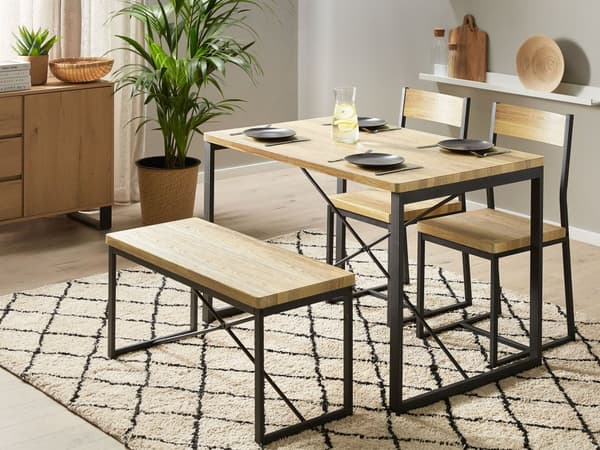 Spisesett Lett Tre Topp Svart Stålramme Rektangulært bord 110 x 70 cm 4-seter med 2 stoler og benk