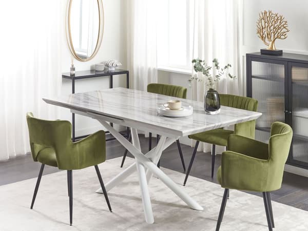 Spisebord Marmoreffekt Bordplate Hvite ben MDF Forlengelse 160/200 x 90 cm Glam Design Rektangulær