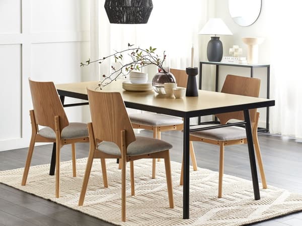 Spisebord lyst træ med sort MDF gummitræ 180 x 90 cm Rektangulært til 6 personer Traditionel spisestue