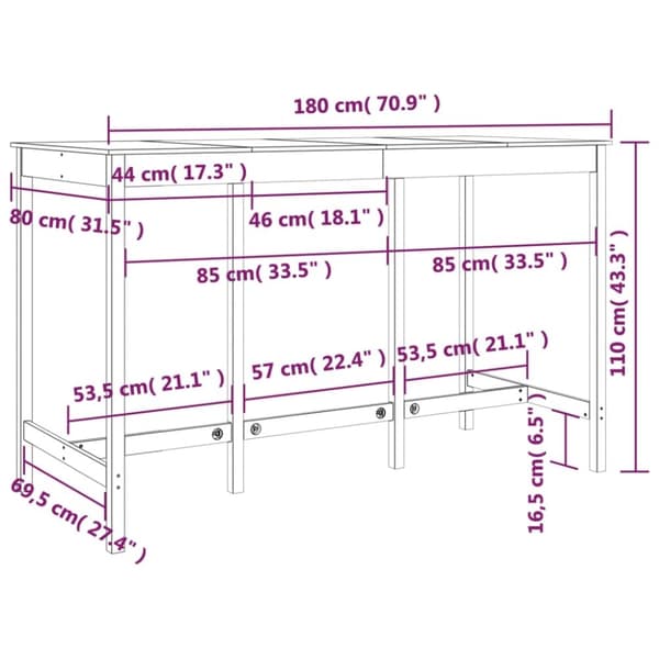 vidaXL barbord 180x80x110 cm massivt fyrretræ gyldenbrun