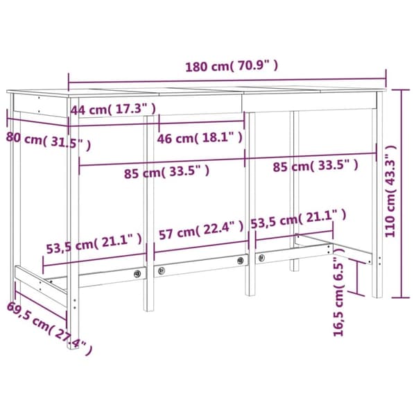 vidaXL barbord 180x80x110 cm massivt fyrretræ sort