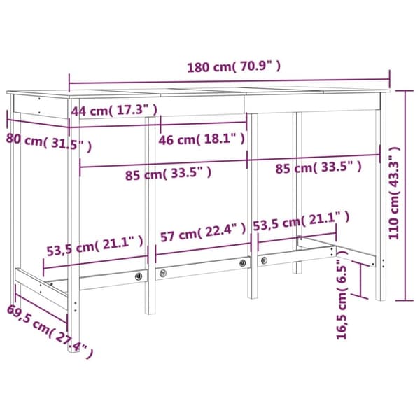 vidaXL barbord 180x80x110 cm massivt fyrretræ sort