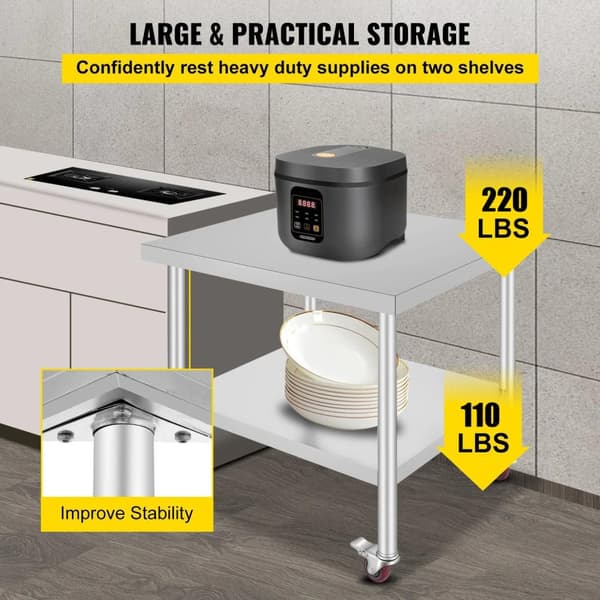 24x18 tum 150kg kapacitet Köksförberedningsbord i rostfritt stål med 4 hjul, justerbar hylla, stabil struktur, lätt att installera/flytta