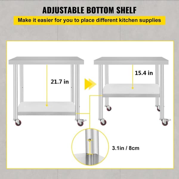 24x18 tum 150kg kapacitet Köksförberedningsbord i rostfritt stål med 4 hjul, justerbar hylla, stabil struktur, lätt att installera/flytta