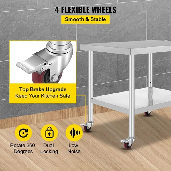 24x18 tum 150kg kapacitet Köksförberedningsbord i rostfritt stål med 4 hjul, justerbar hylla, stabil struktur, lätt att installera/flytta