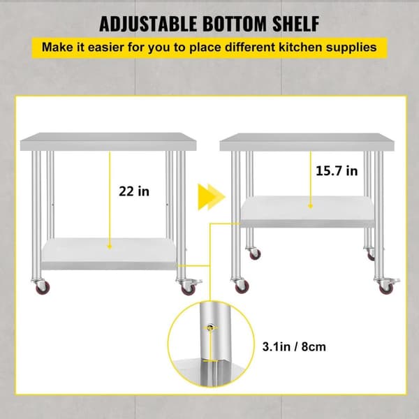 30x24 tum 130kg kapacitet Köksförberedningsbord i rostfritt stål med 4 hjul, justerbar hylla, stabil struktur, lätt att installera/flytta