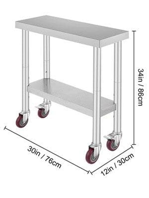 30x12 tum 150kg kapacitet Köksförberedningsbord i rostfritt stål med 4 hjul, justerbar hylla, stabil struktur, lätt att installera/flytta