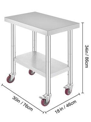 30x18 tum 150kg kapacitet Köksförberedningsbord i rostfritt stål med 4 hjul, justerbar hylla, stabil struktur, lätt att installera/flytta